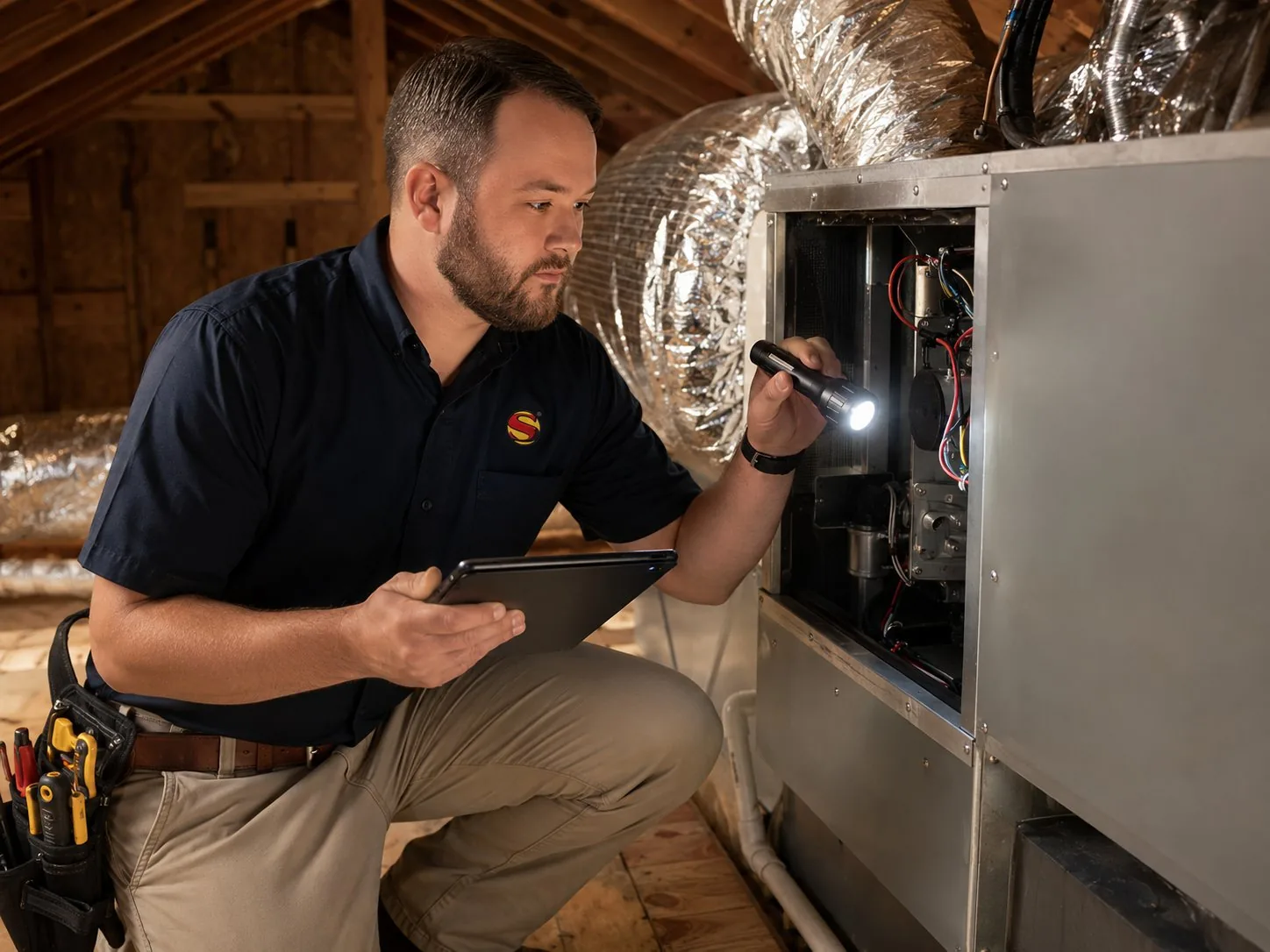 Super Heating & Air technician inspecting furnace in attic with flashlight and tablet